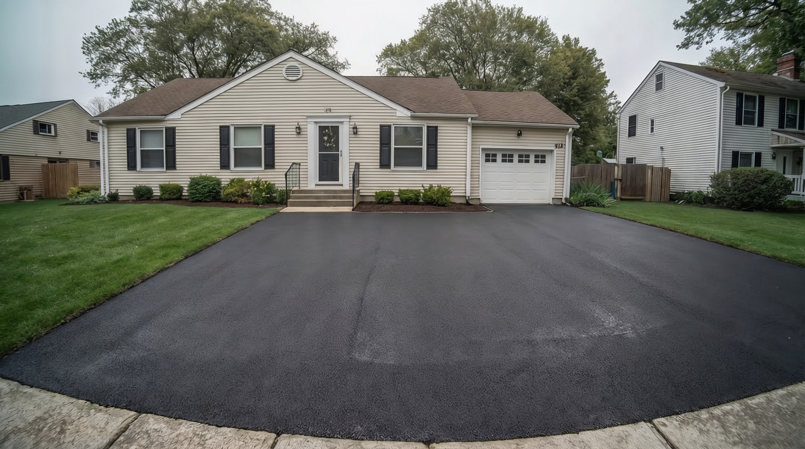 Freshly installed driveway with clean surface, defined edges, and proper grading after installation