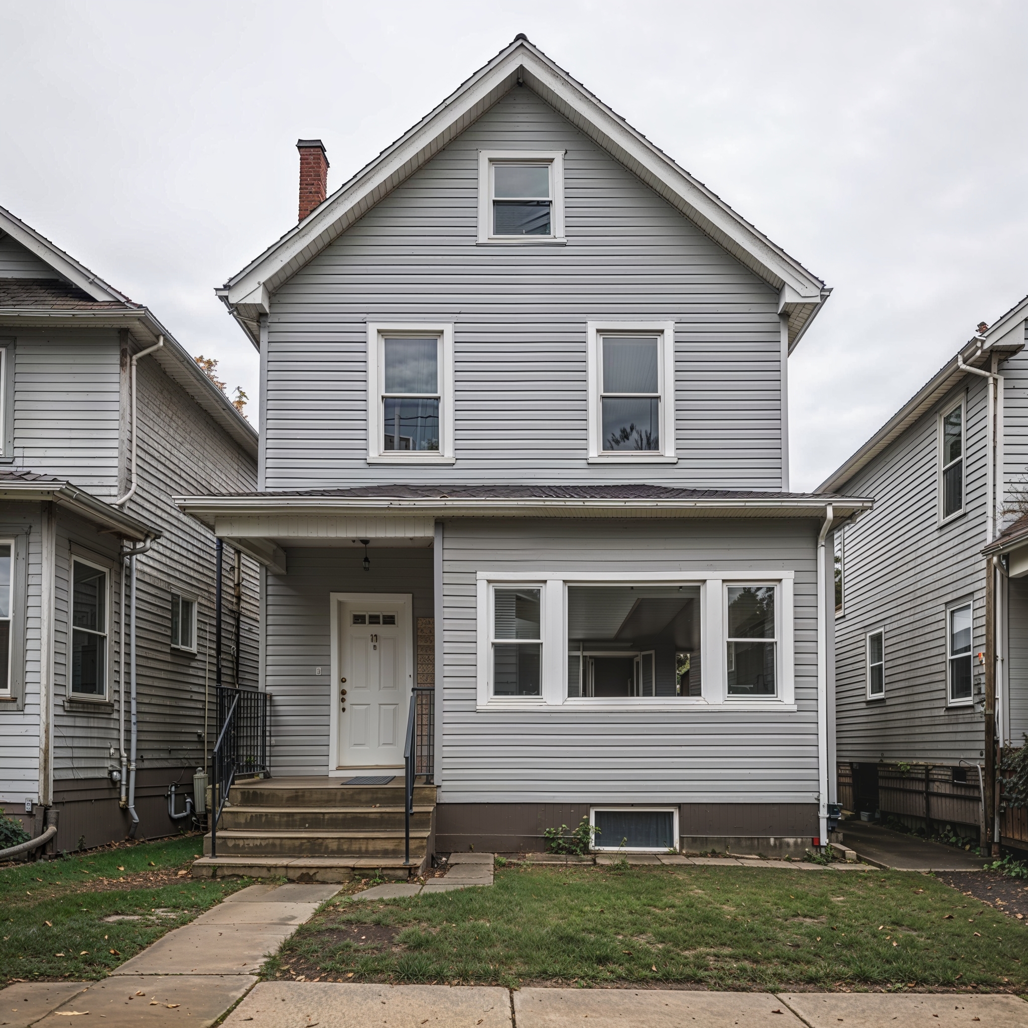 House with new slate grey vinyl siding and white trim after installation in New Jersey