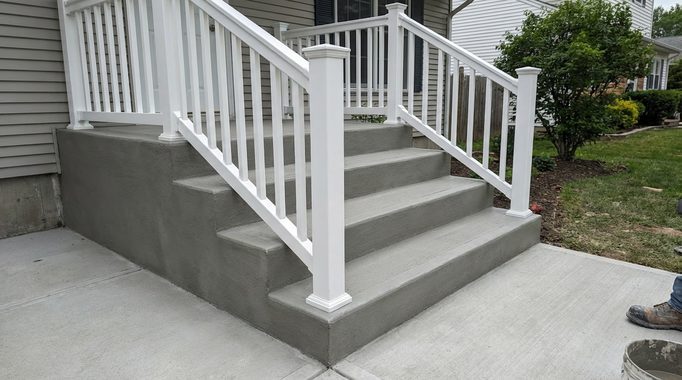 Newly built front steps with clean masonry, smooth treads, and crisp edges after installation