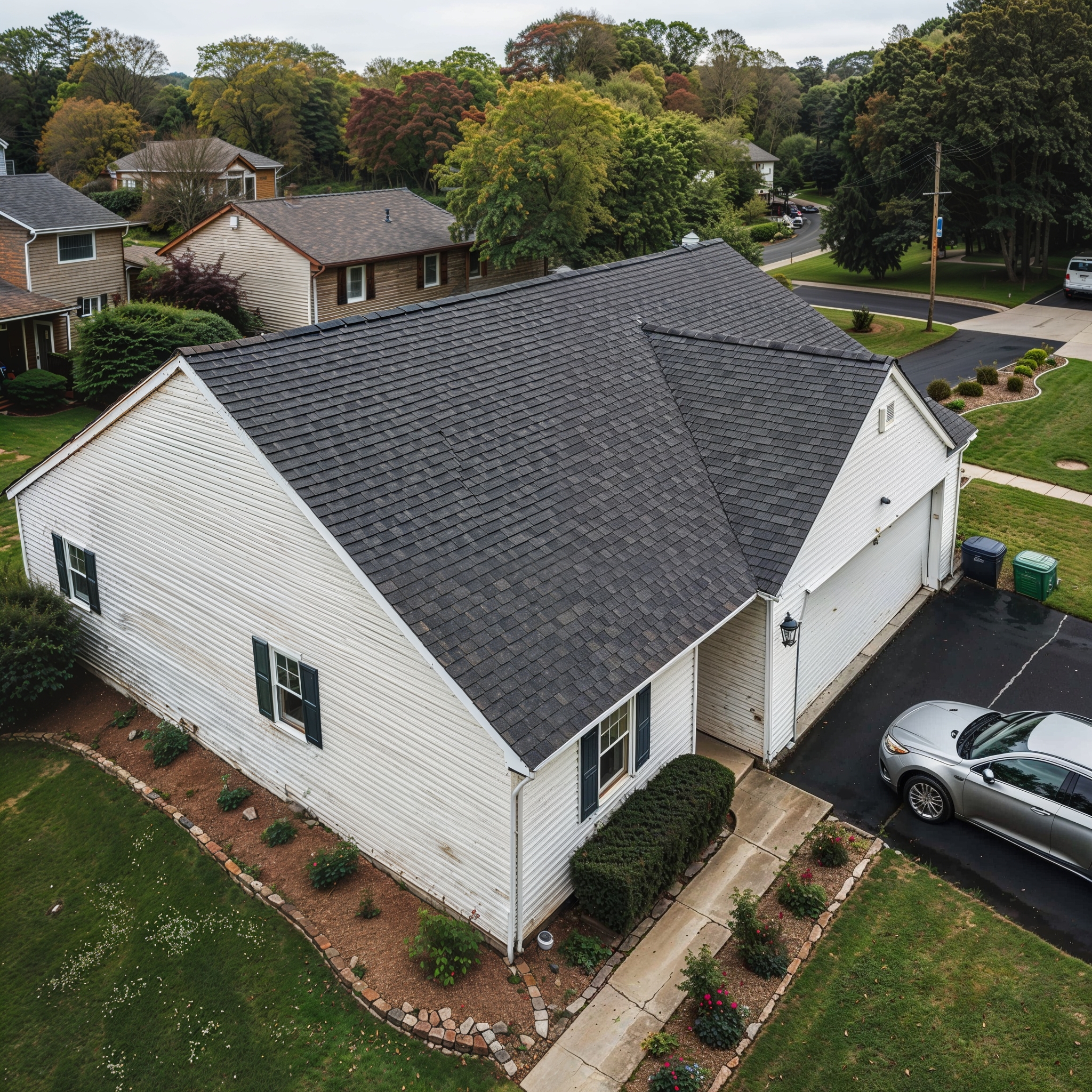 Aerial view of fully repaired roof with new dark charcoal shingles after storm repair