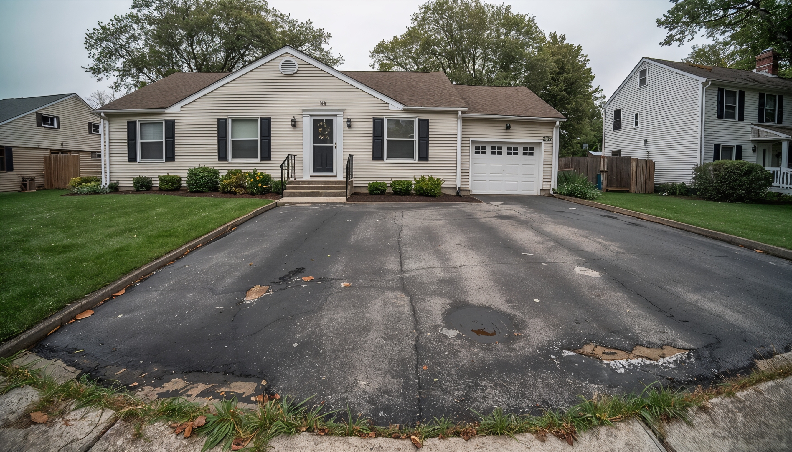 Cracked and deteriorated driveway with potholes and crumbling edges before replacement