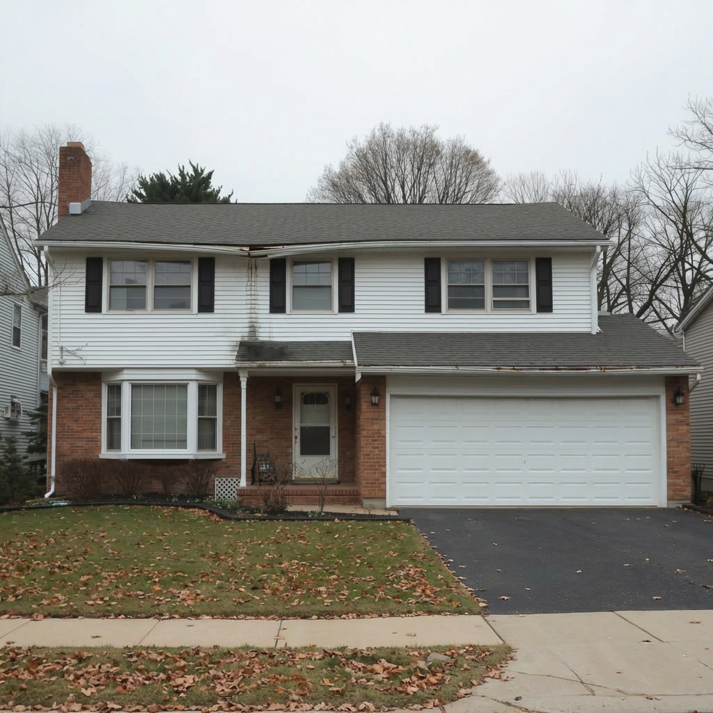 House with old clogged gutters showing black overflow staining on fascia before replacement