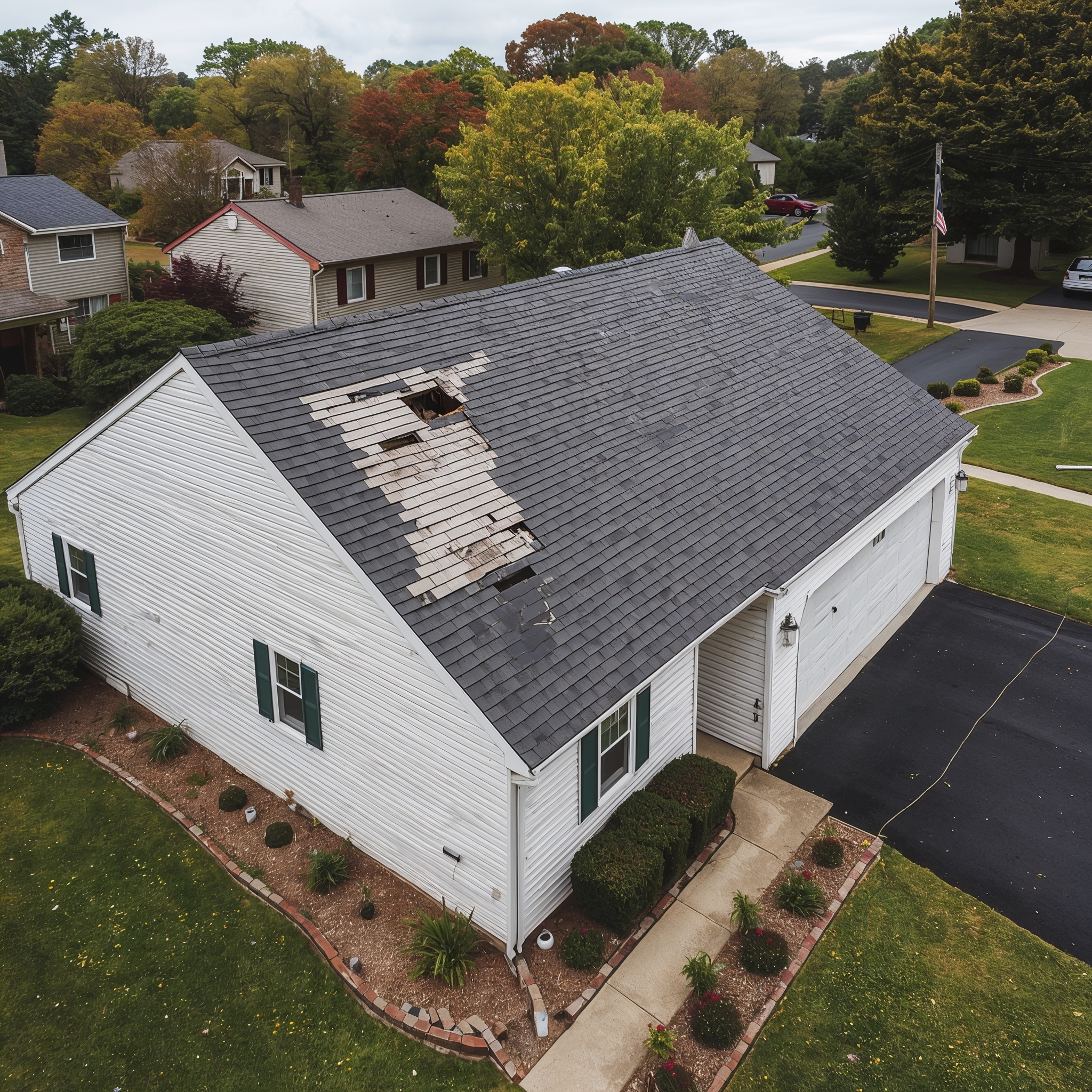 Aerial view of storm-damaged roof with large hole and exposed decking before repair