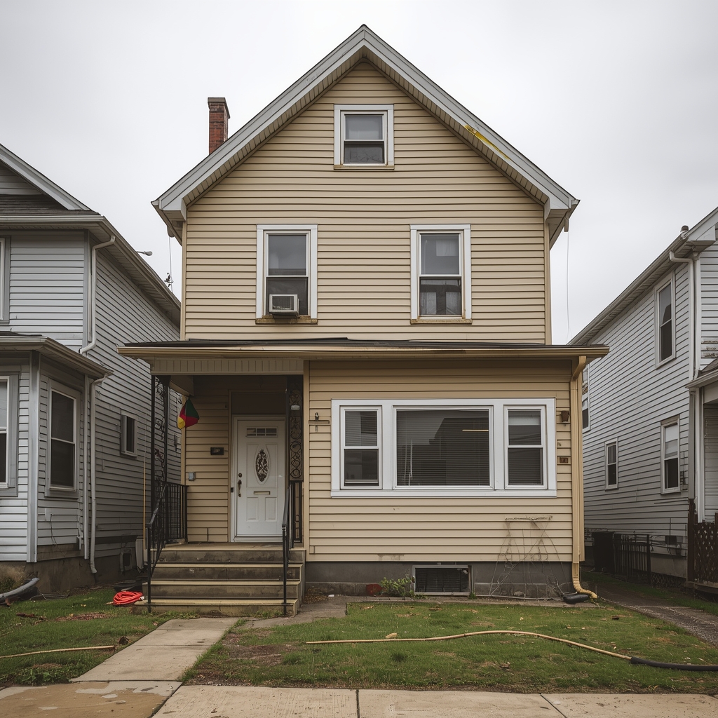 House with old worn beige vinyl siding before replacement in New Jersey