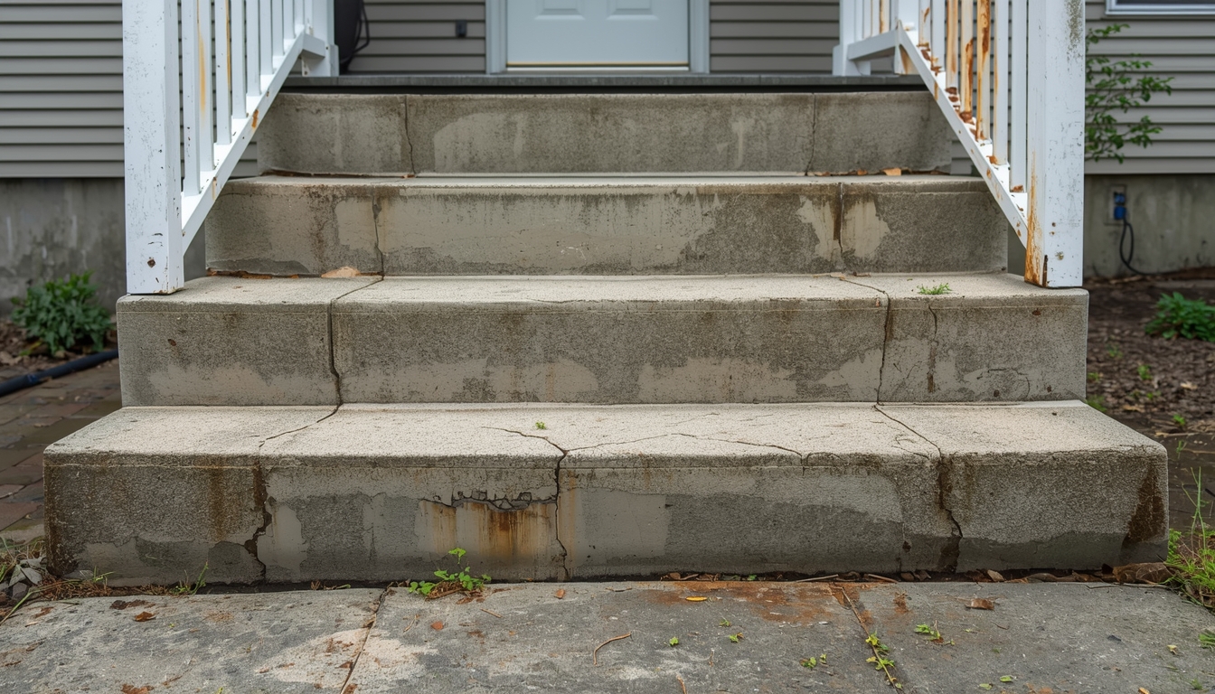 Crumbling concrete front steps with cracked treads and deteriorated edges before replacement