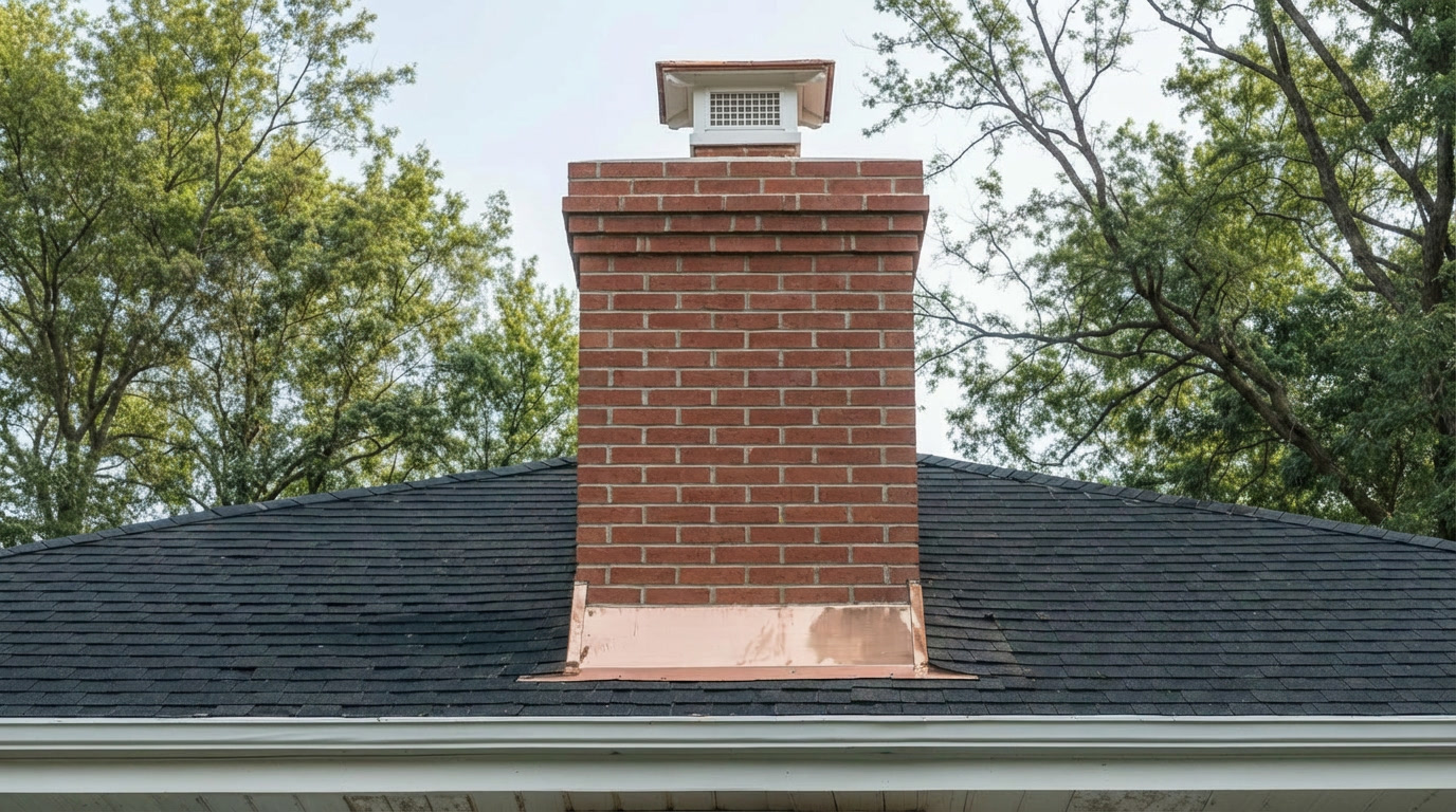 Chimney fully restored with clean tuckpointing, solid mortar joints, new properly sealed flashing, and fresh roof around the base