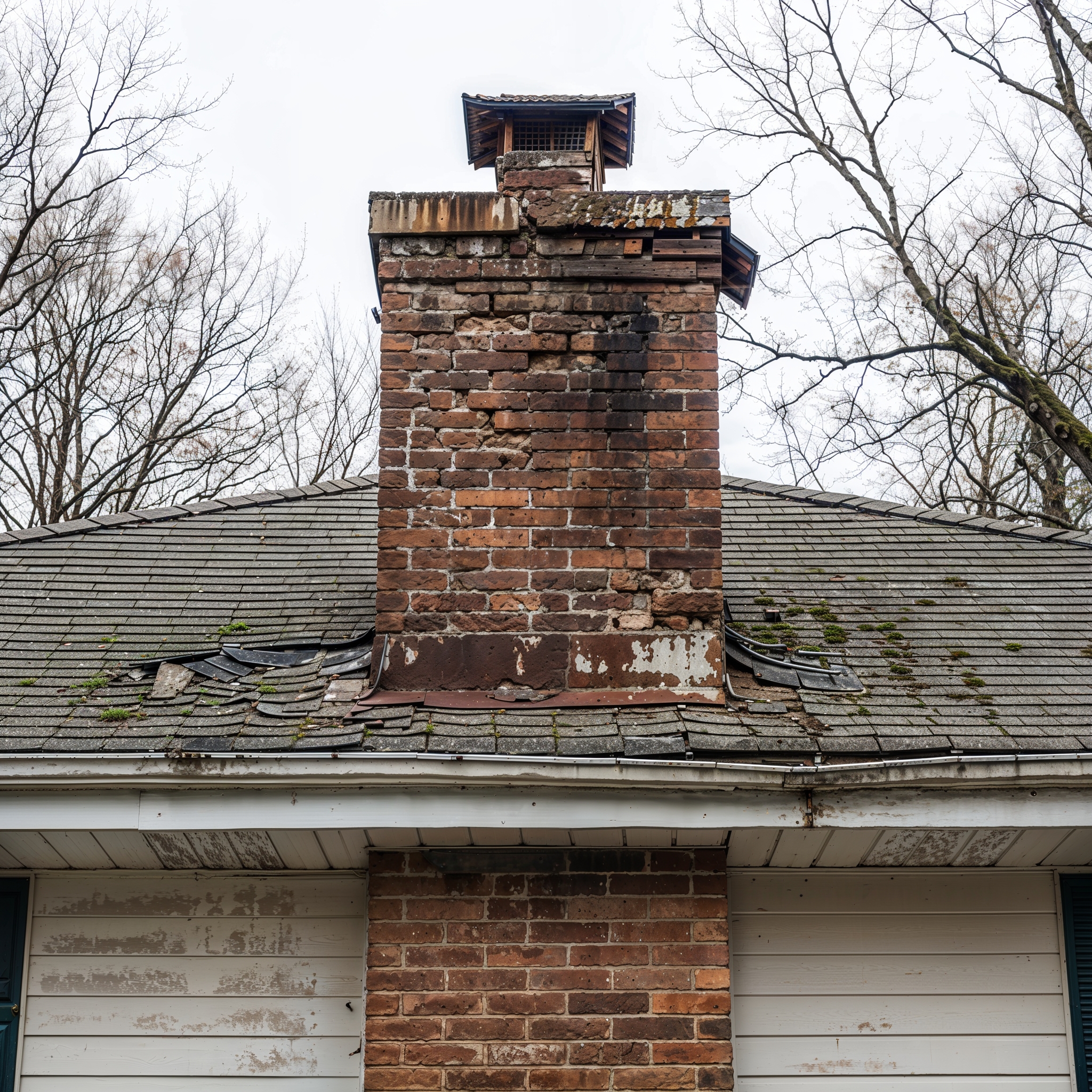 Severely deteriorated chimney with crumbling mortar, spalled bricks, failed flashing, and moss-covered lifted shingles before repair